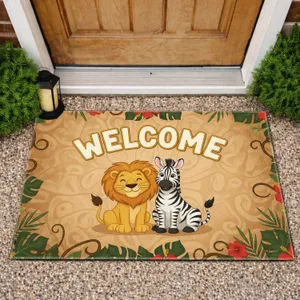 Lion Zebra Welcome Sign Tropical Leaves Flowers - Home Decor Gift for Wildlife Lover Doormat