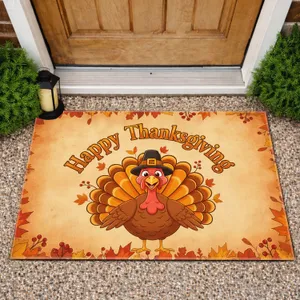 Turkey Pilgrim Hat Maple Oak Leaves - Happy Thanksgiving Holiday Doormat