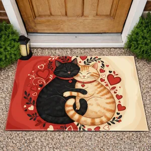 Black Cat Tabby Snuggling Hearts Botanical - Love Decor Gift For Cat Lover Doormat