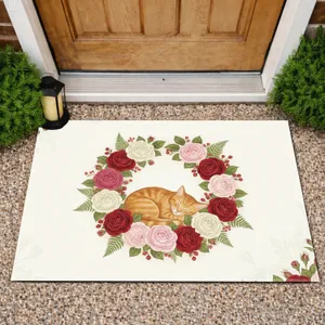 Sleeping Orange Tabby Cat Rose Wreath - Home Decor Gift for Cat Lover Doormat