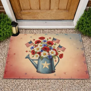 Rustic Watering Can Patriotic Flowers - Independence Day Gift for Veterans Doormat