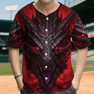 Powerful Menacing Dragon Head, Glowing Red Eyes, Fiery Energy Lines - Dark Fantasy Gift Baseball Jersey