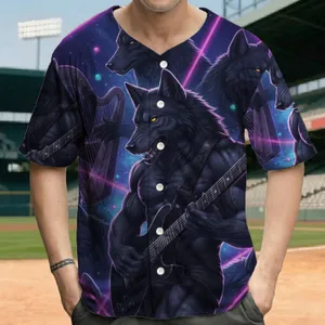 Black Wolf Electric Guitar Harp Neon Cosmic Stars Band - Concert Event Gift for Music Lover Baseball Jersey