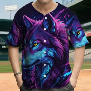 Wolf Head Glowing Yellow Eyes Fuchsia Purple Electric Blue - Wildlife Lover Gift Baseball Jersey