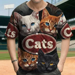 Distressed Red Cats Badge Vintage Varsity Text Realistic Cat Faces Grunge Blocks - Cat Lover Gift Baseball Jersey