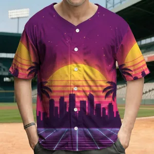 Striped Glowing Sun Futuristic City Palm Trees Neon Grid - Statement Fashion Gift Baseball Jersey
