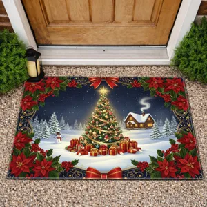 Winter Wonderland Christmas Tree Log Cabin Poinsettia Holly - Holiday Home Decor Doormat