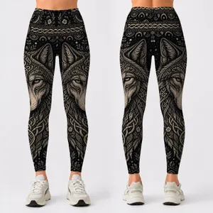 Nordic Wolf Knotwork With Boho Viking Woodland Motifs For Festival Yoga And Hiking Leggings