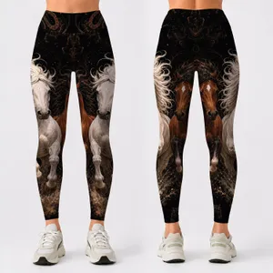 Galloping White And Chestnut Horses On Black For Gym Yoga Riding Style Women Athleisure Leggings