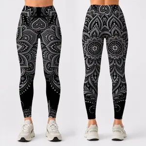 Black White Mandala Paisley Henna Lace Boho Yoga Festival Athleisure Outfits For Women Leggings