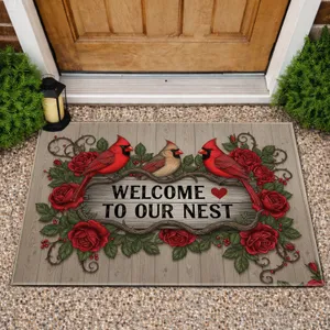 Northern Cardinal Welcome Nest Sign Roses - Farmhouse Home Decor Gift for Bird Lover Doormat