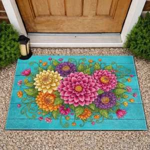 Dahlia Flowers Layered Petals Vines Leaves Distressed Wood Plank - Home Decor Gift Doormat