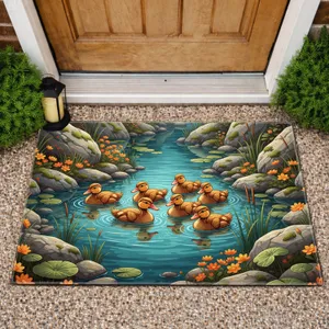 Golden Ducklings Swimming Turquoise Pond with Rocky Shores & Orange Flowers - Wildlife Home Decor Gift Doormat