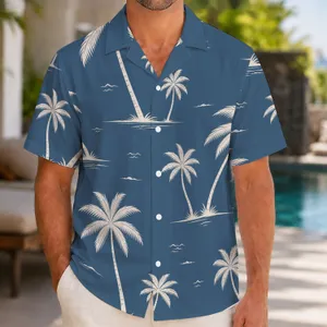 Ivory Palm Silhouettes on Slate Blue for Resort Travel, Beach Vacations and Getaways Hawaiian Shirt