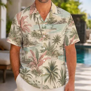 Vintage Tropical Palm And Banana Leaf Toile For Beach Vacation Resort Wear Mens Style Hawaiian Shirt