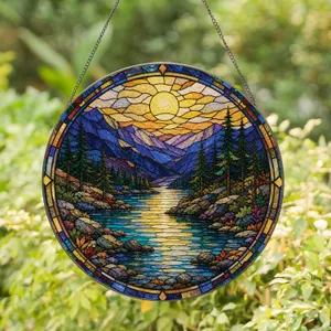 Mountain River Sunset Stained Glass Window Decor for Nature Lovers and Home Gifts Stained Glass Suncatcher