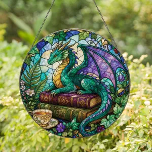 Book Dragon Stained Glass Window Decor for Readers and Cozy Cottage Gift Art Piece Stained Glass Suncatcher