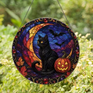 Black Cat Crescent Moon Halloween Decor for Gothic Fall Entryways and Cat Lovers Stained Glass Suncatcher