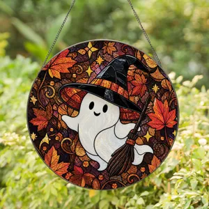 Cute Ghost Witch Hat Halloween Autumn Decor for Cozy Home and Gift Accent Piece Stained Glass Suncatcher