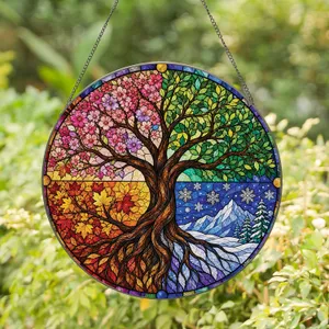 Four Seasons Tree of Life Window Accent for Boho Homes and Year-Round Housewarming Gifts Stained Glass Suncatcher