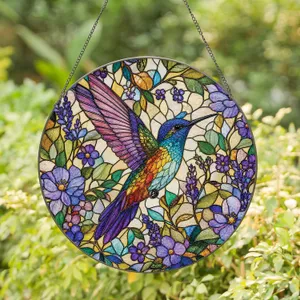 Stained Glass Hummingbird With Wildflower Wreath for Cottage Window Decor Home Stained Glass Suncatcher