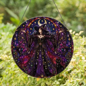 Spellbinding Moonlit Witch With Black Cat Window Decor For Halloween Gothic Home Charm Stained Glass Suncatcher