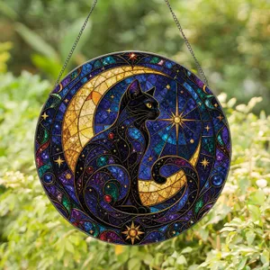 Celestial Black Cat With Crescent Moon Window Decor For Witchy Home Gift Stained Glass Suncatcher