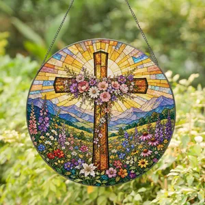 Christian Cross With Wildflowers Sunrise Stained Glass For Faithful Home Decor Gift Stained Glass Suncatcher