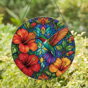 Tropical Hummingbird Hibiscus Glass Accent for Sunny Garden Homes and Gift Givers Stained Glass Suncatcher