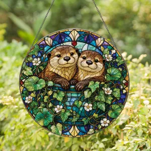 Two Otters in Teal Planter Window Decor Gift for Nature Lovers, Pet Moms, Cozy Home Stained Glass Suncatcher