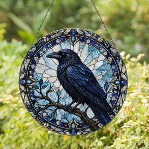 Gothic Raven Stained Glass Window Accent for Halloween Decor and Moody Home Style Stained Glass Suncatcher