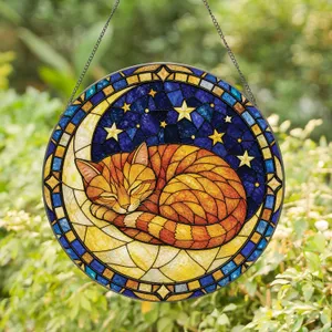 Sleeping Orange Tabby Moon Window Hanging For Cozy Cat Lovers And Night Sky Homes Stained Glass Suncatcher