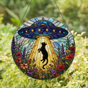 UFO Cat Lift Window Decor For Cat Lovers, Retro Alien Ship And Wildflowers For Home Stained Glass Suncatcher