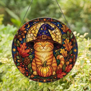Orange Tabby Cat In Witch Hat Autumn Window Decor, Cozy Halloween Gift For Cat Lovers Stained Glass Suncatcher