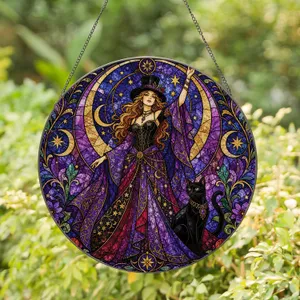 Stevie Nicks Boho Witch Cat Moon Stained Glass Decor For Halloween And Home Gift Stained Glass Suncatcher