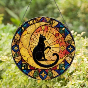 Black Cat Crescent Moon Stained Glass Window Accent For Cat Lovers And Moonlit Homes Stained Glass Suncatcher