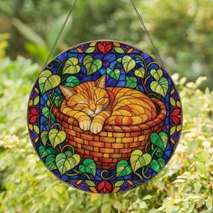 Sleeping Orange Tabby In Warm Mosaic Basket, Cozy Window Decor For Cat Lovers Stained Glass Suncatcher