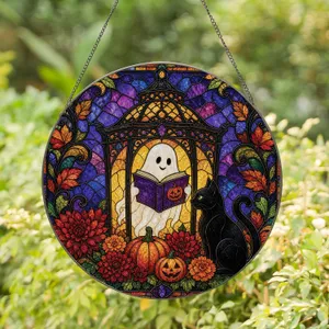 Whimsical Ghost Lantern With Black Cat Halloween Window Decor for Autumn Homes & Mantels Stained Glass Suncatcher
