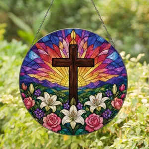 Christian Cross Sunrise Floral Faith Window Decor For Prayer Spaces, Memorial Gifts Stained Glass Suncatcher