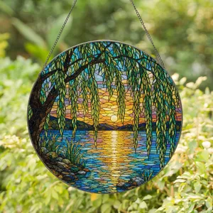 Willow Tree Sunset Lake Anniversary Gift For Her, Romantic Home Decor Stained Glass Suncatcher