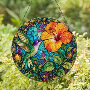 Hummingbird And Hibiscus Stained Glass Garden Gift For Mom, Wife, Bird Lovers, Home Decor Stained Glass Suncatcher