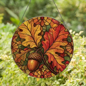 Autumn Oak Leaves and Acorns Fall Window Accent for Cozy Home Seasonal Decor Lovers Stained Glass Suncatcher