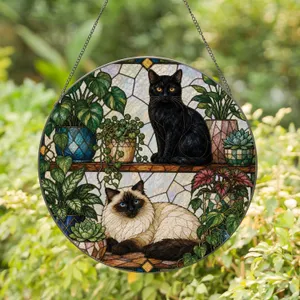 Black Cat And Cream Cat Botanical Stained Glass Window Decor For Cozy Cat Lovers Stained Glass Suncatcher