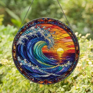 Ocean Wave Stained Glass Coastal Window Accent for Beach Houses and Nature Lovers Stained Glass Suncatcher