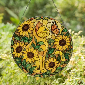 Sunflower Cat Window Hanging With Butterfly For Cottage Core Homes And Cat Lovers Stained Glass Suncatcher