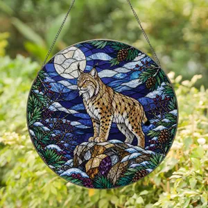 Moonlit Lynx In Woodland Cabin Decor For Nature Lovers And Wildlife Fans At Home Stained Glass Suncatcher