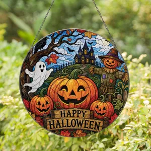 Halloween Pumpkin, Ghost, and Scarecrow Window Hanging for Cozy Fall Home Decor Gifts Stained Glass Suncatcher