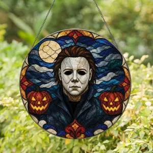 Masked Slasher With Full Moon And Jack O Lanterns For Halloween Gothic Collectors Stained Glass Suncatcher