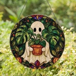 Cute Ghost Monstera Halloween Fall Decor For Plant Lovers And Cozy Home Charm Stained Glass Suncatcher
