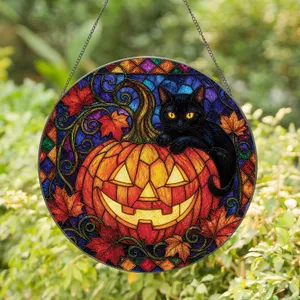 Black Cat Pumpkin Halloween Window Accent for Autumn Home Decor and Gift Giving Fans Stained Glass Suncatcher